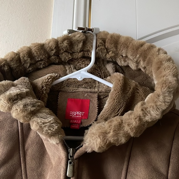Vintage 1990s Esprit Faux Suede Faux Fur Lined Hooded Coat Jacket Small - Picture 4 of 6
